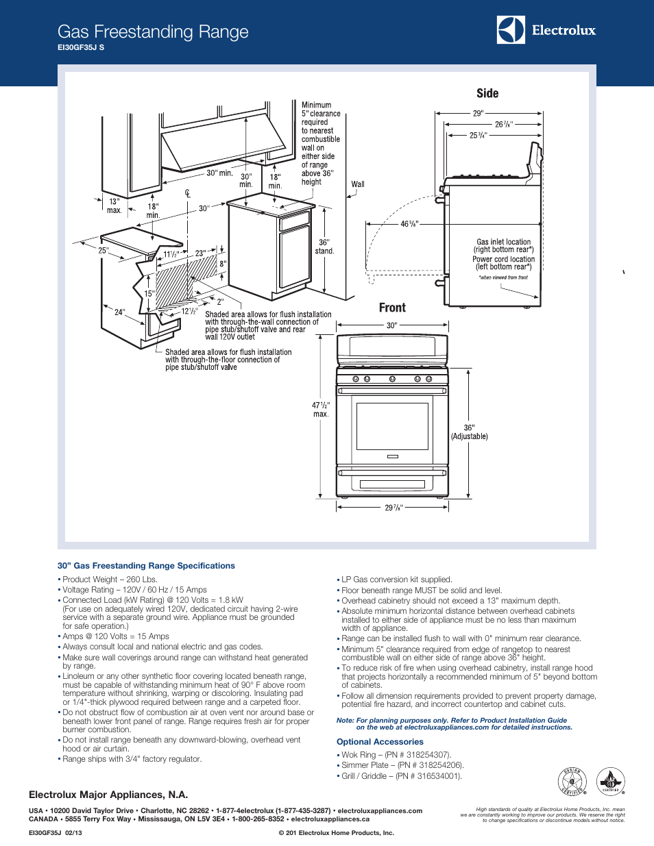 Gas freestanding range, Gas freestanding range ei30gf35j | Electrolux EI30GF35JS User Manual | Page 2 / 5