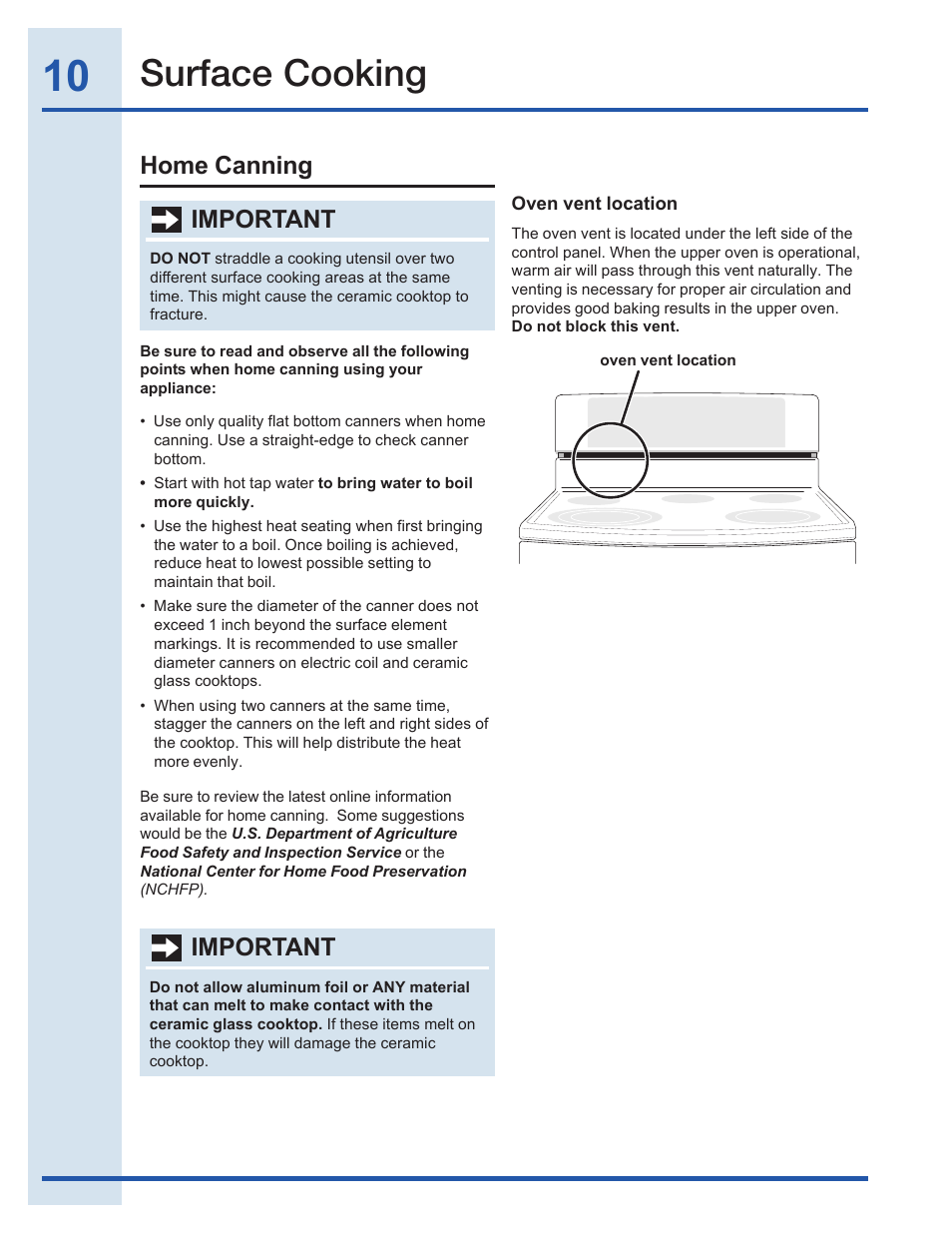 Surface cooking, Home canning, Important | Electrolux EI30EF35JS User Manual | Page 10 / 56