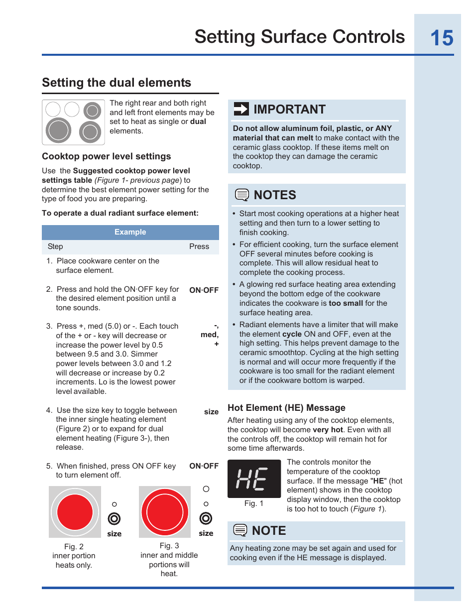 Setting surface controls, Setting the dual elements, Important | Electrolux EI30EF35JS User Manual | Page 15 / 56