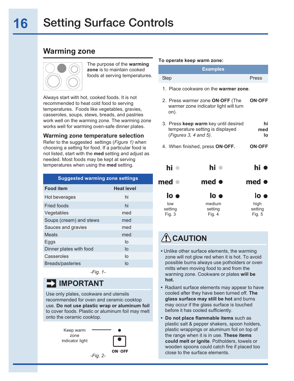 Setting surface controls, Warming zone, Important | Caution | Electrolux EI30EF35JS User Manual | Page 16 / 56