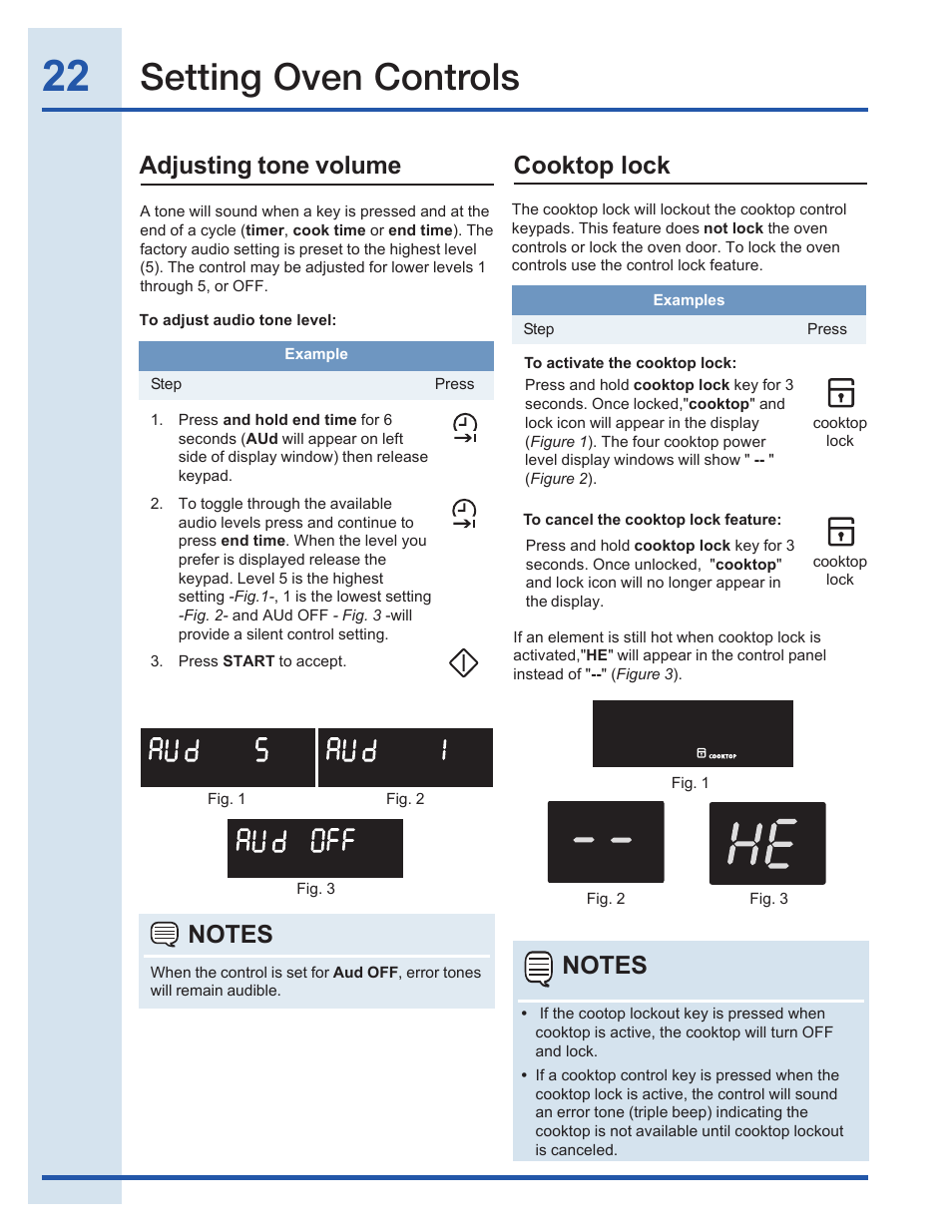 Setting oven controls, Adjusting tone volume, Cooktop lock | Electrolux EI30EF35JS User Manual | Page 22 / 56