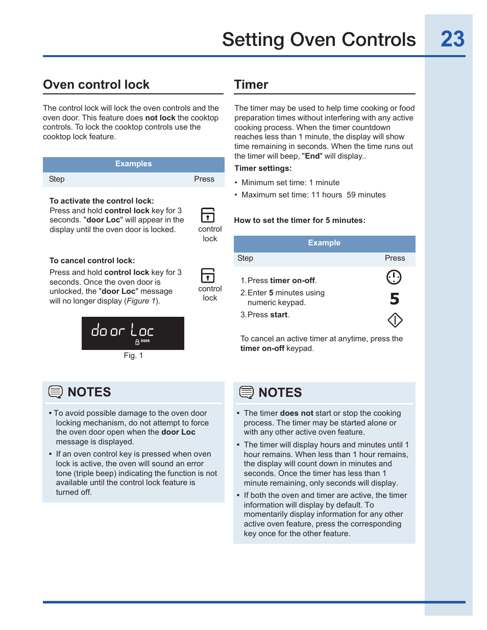 Setting oven controls, Timer, Oven control lock | Electrolux EI30EF35JS User Manual | Page 23 / 56