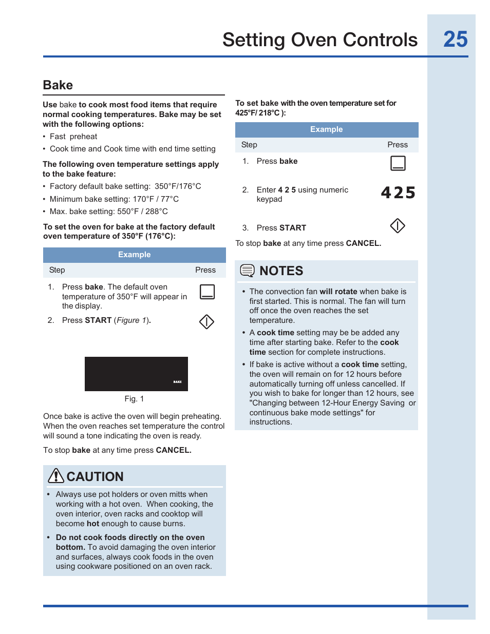 Setting oven controls, Bake, Caution | Electrolux EI30EF35JS User Manual | Page 25 / 56