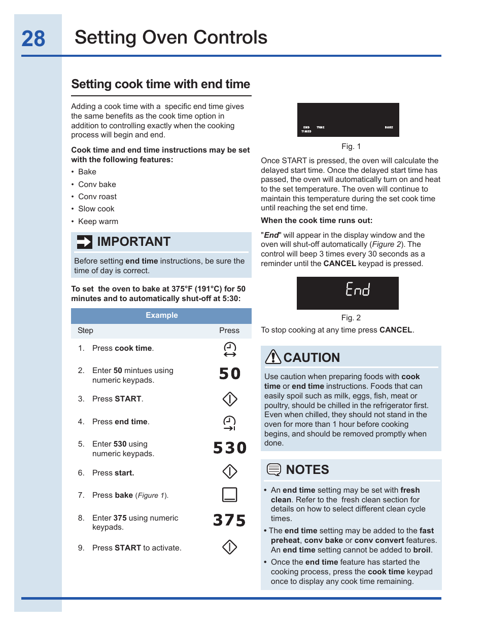 Setting oven controls, Setting cook time with end time, Important | Caution | Electrolux EI30EF35JS User Manual | Page 28 / 56