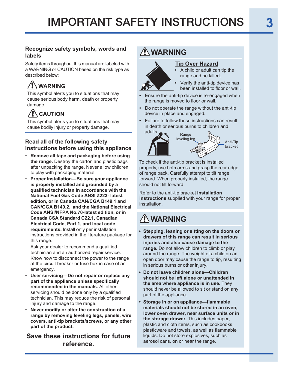 Important safety instructions, Warning, Save these instructions for future reference | Electrolux EI30EF35JS User Manual | Page 3 / 56