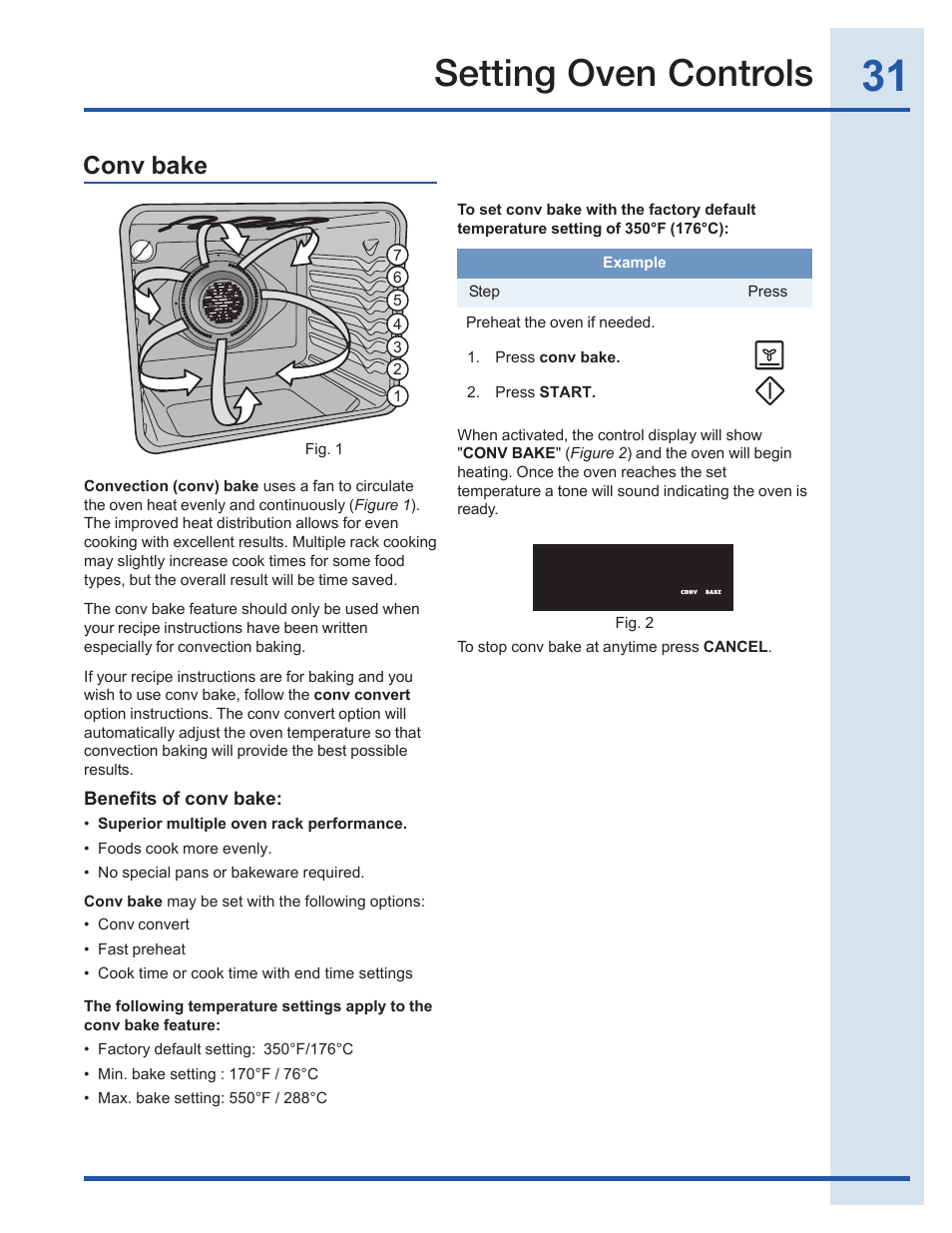 Setting oven controls, Conv bake | Electrolux EI30EF35JS User Manual | Page 31 / 56