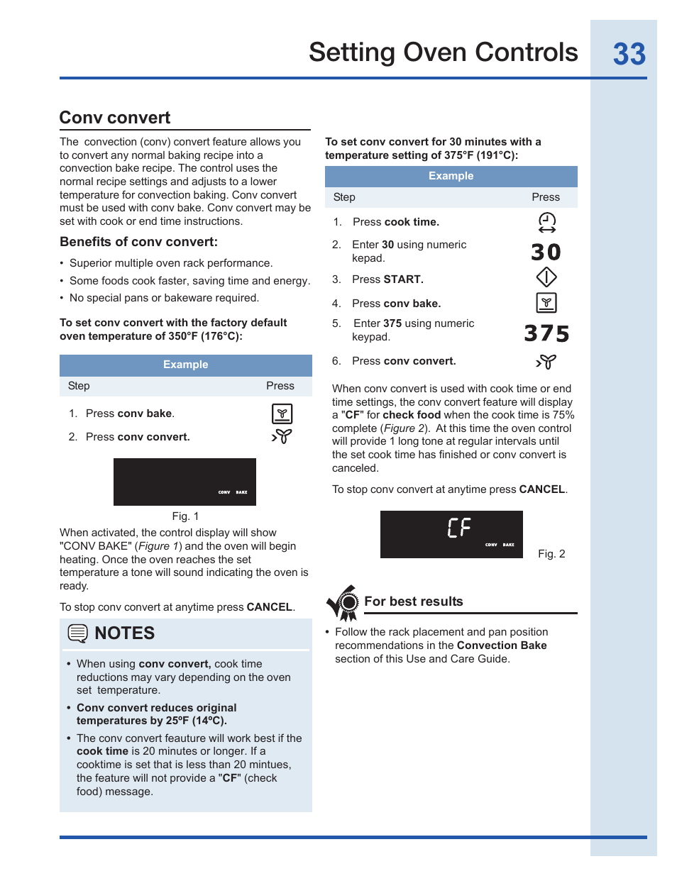 Setting oven controls, Conv convert | Electrolux EI30EF35JS User Manual | Page 33 / 56