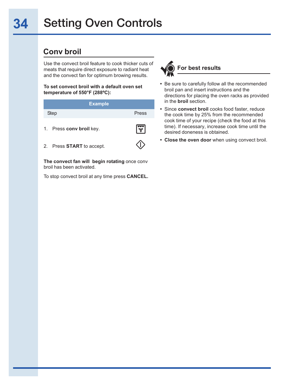 Setting oven controls, Conv broil | Electrolux EI30EF35JS User Manual | Page 34 / 56