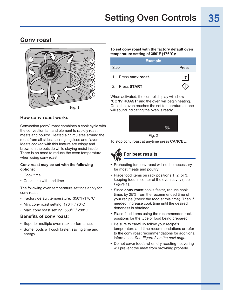 Setting oven controls, Conv roast | Electrolux EI30EF35JS User Manual | Page 35 / 56