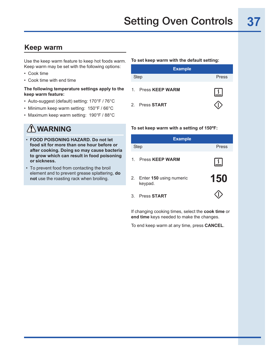 150 setting oven controls, Keep warm, Warning | Electrolux EI30EF35JS User Manual | Page 37 / 56