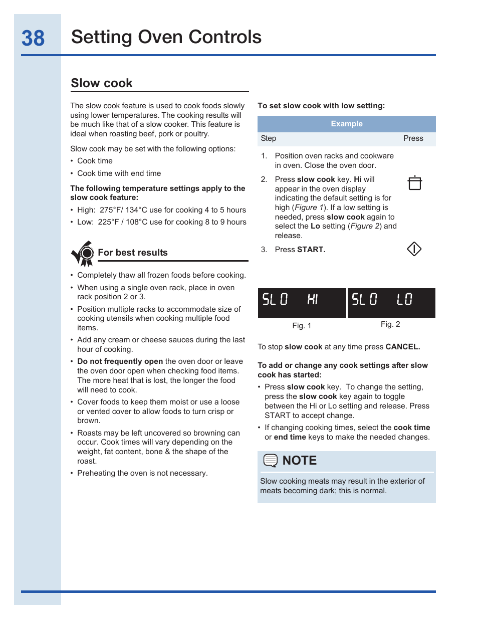 Setting oven controls, Slow cook | Electrolux EI30EF35JS User Manual | Page 38 / 56