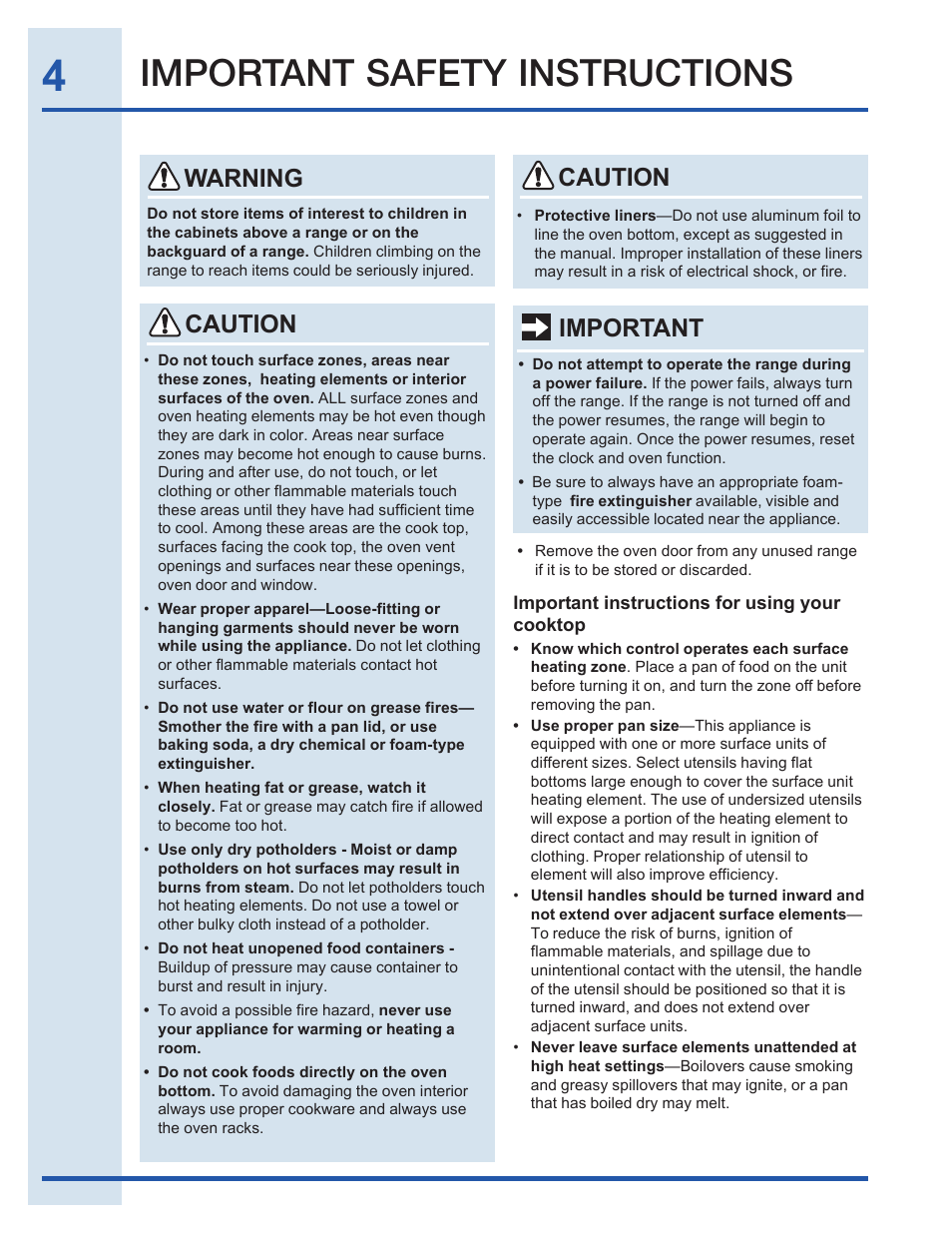 Important safety instructions, Caution, Important warning | Electrolux EI30EF35JS User Manual | Page 4 / 56