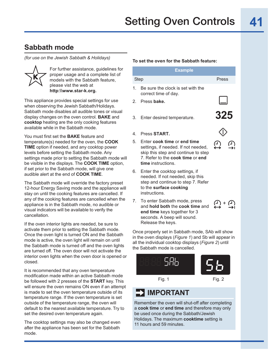 Setting oven controls, Sabbath mode, Important | Electrolux EI30EF35JS User Manual | Page 41 / 56