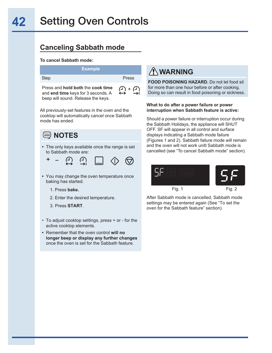 Setting oven controls, Canceling sabbath mode, Warning | Electrolux EI30EF35JS User Manual | Page 42 / 56