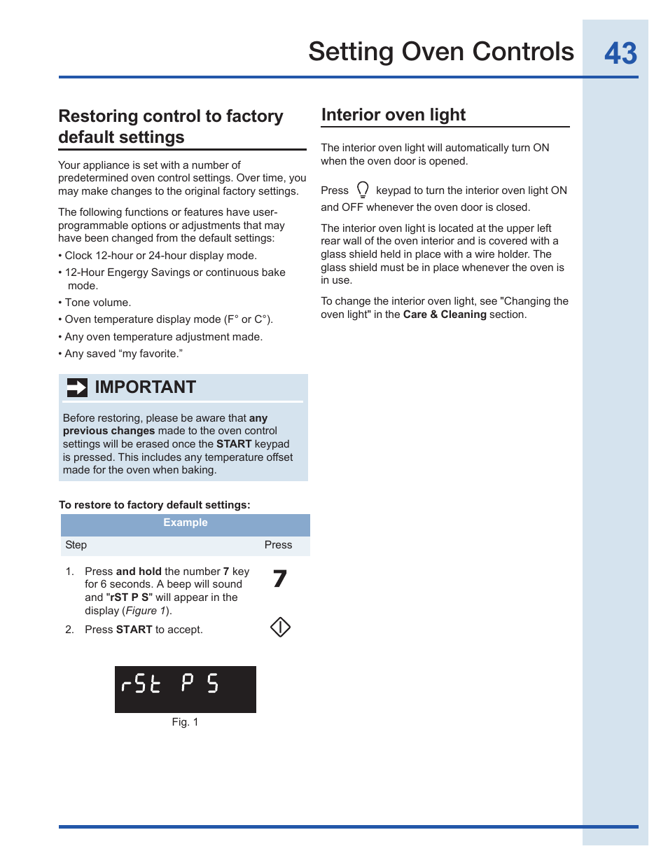 Setting oven controls, Important | Electrolux EI30EF35JS User Manual | Page 43 / 56