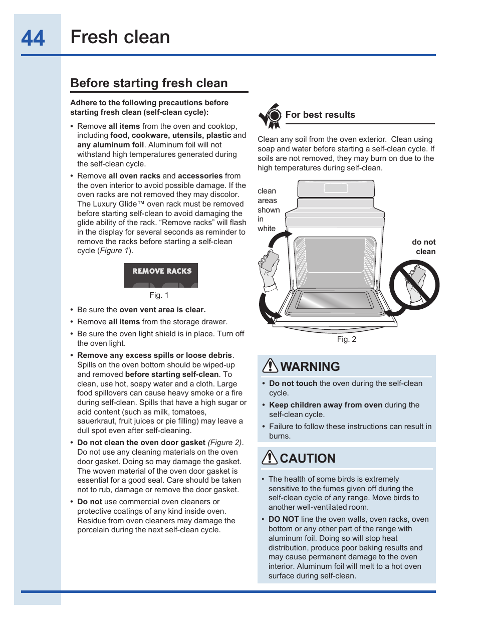 Fresh clean, Before starting fresh clean, Caution warning | Electrolux EI30EF35JS User Manual | Page 44 / 56