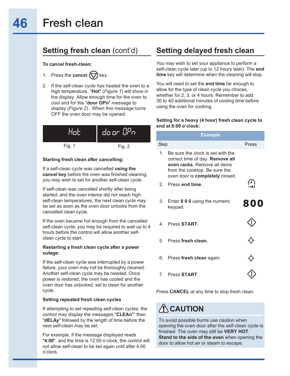 Fresh clean, Setting fresh clean (cont’d), Caution | Setting delayed fresh clean | Electrolux EI30EF35JS User Manual | Page 46 / 56