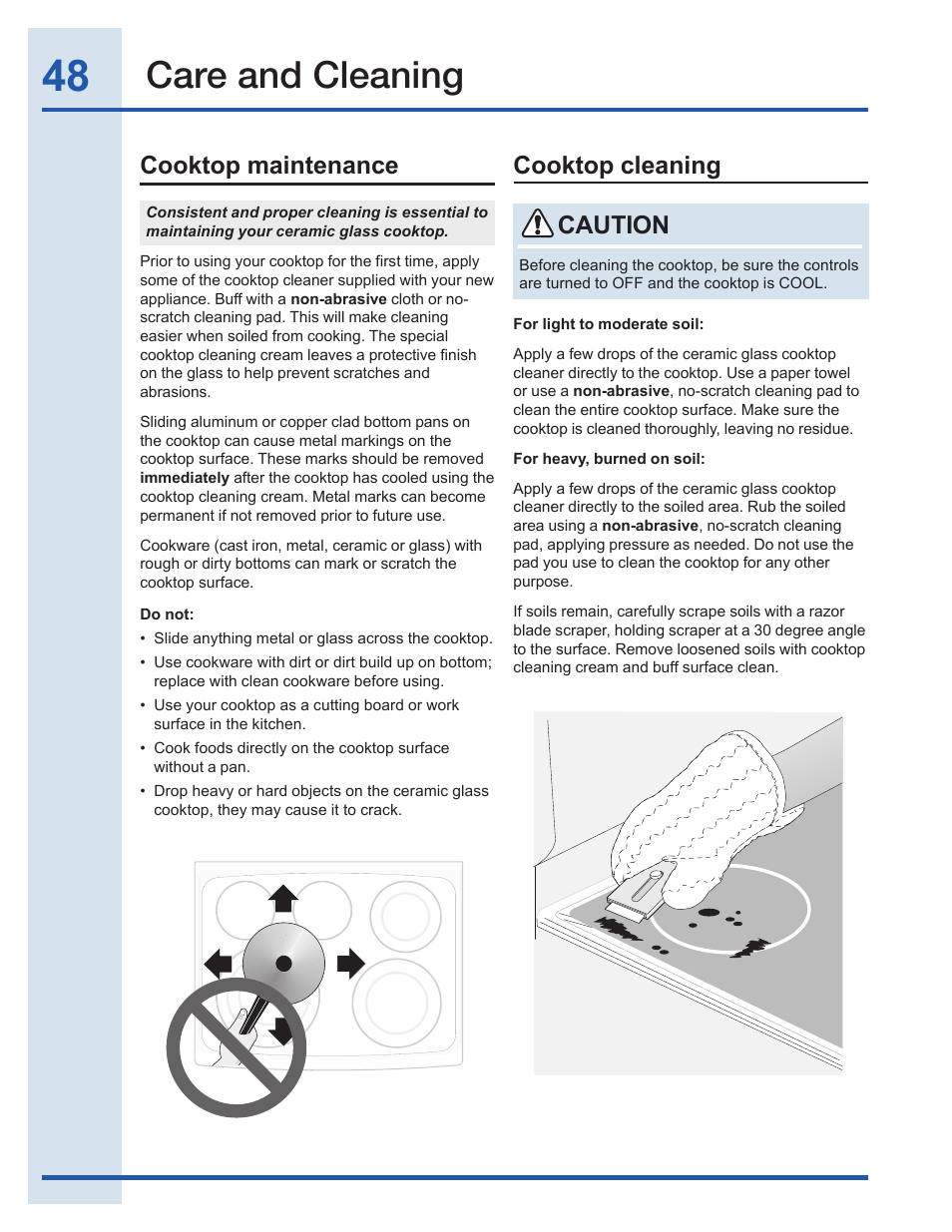 Care and cleaning, Cooktop maintenance cooktop cleaning, Caution | Electrolux EI30EF35JS User Manual | Page 48 / 56