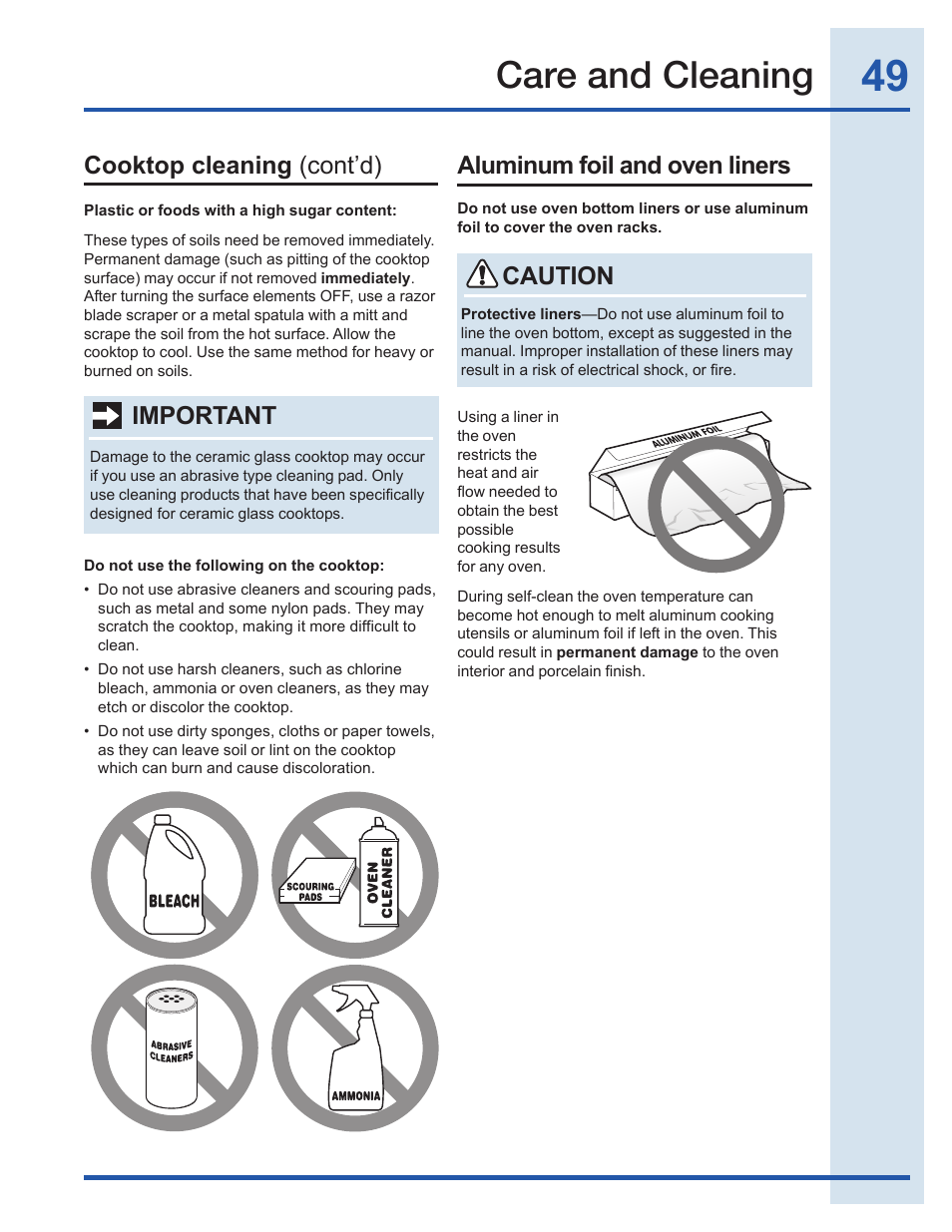 Care and cleaning, Cooktop cleaning (cont’d), Aluminum foil and oven liners | Caution, Important | Electrolux EI30EF35JS User Manual | Page 49 / 56