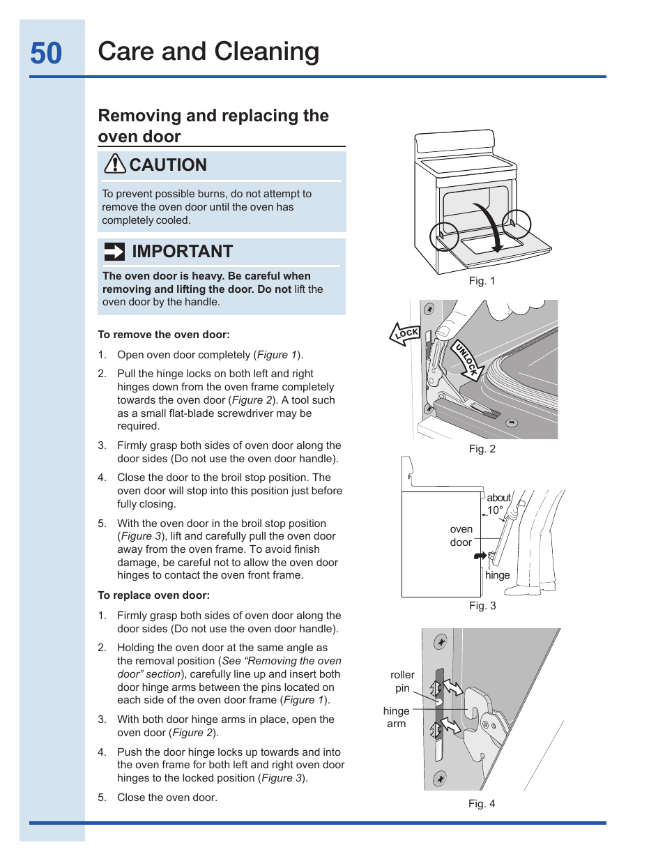 Care and cleaning, Removing and replacing the oven door, Caution | Important | Electrolux EI30EF35JS User Manual | Page 50 / 56