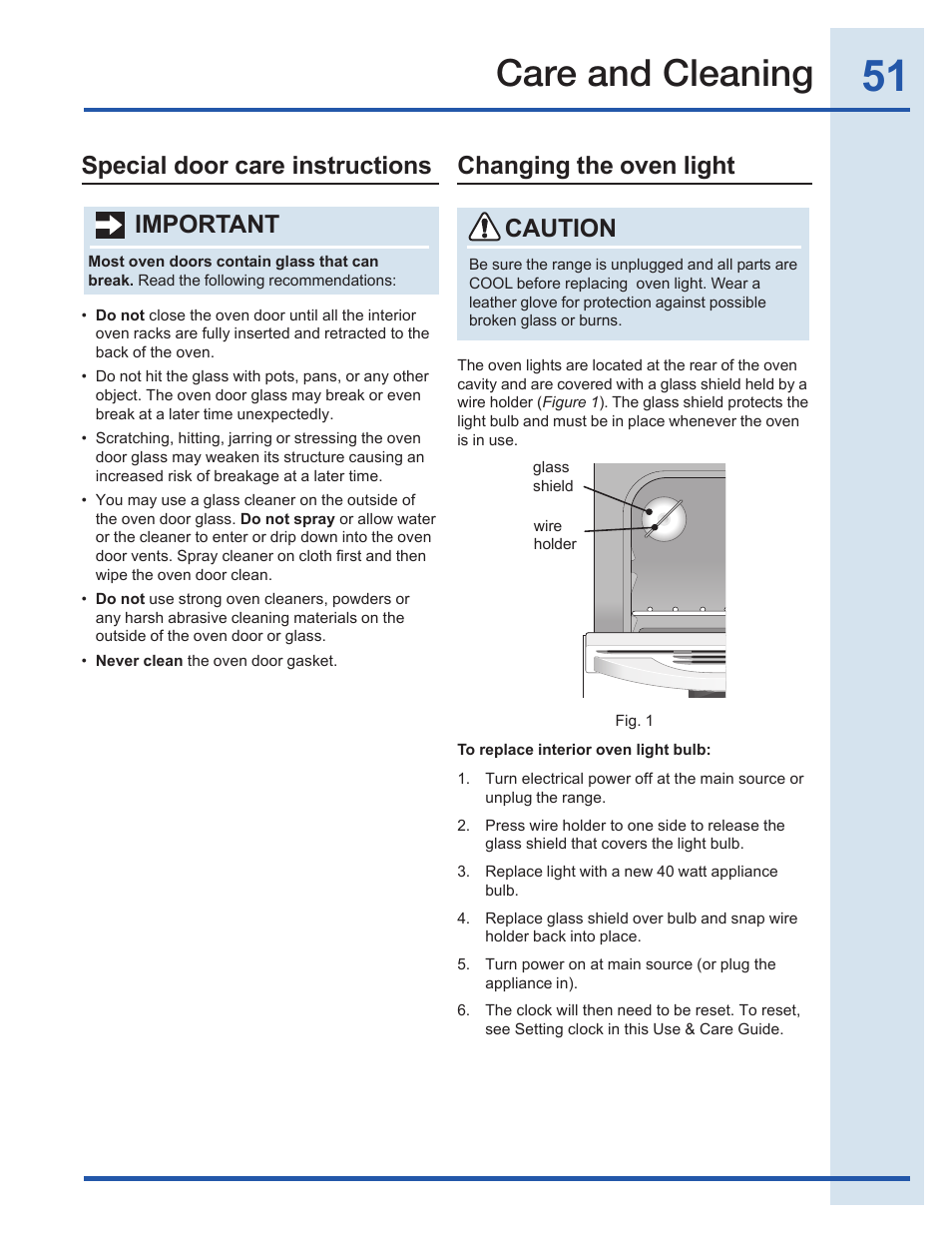 Care and cleaning, Special door care instructions, Changing the oven light important | Caution | Electrolux EI30EF35JS User Manual | Page 51 / 56