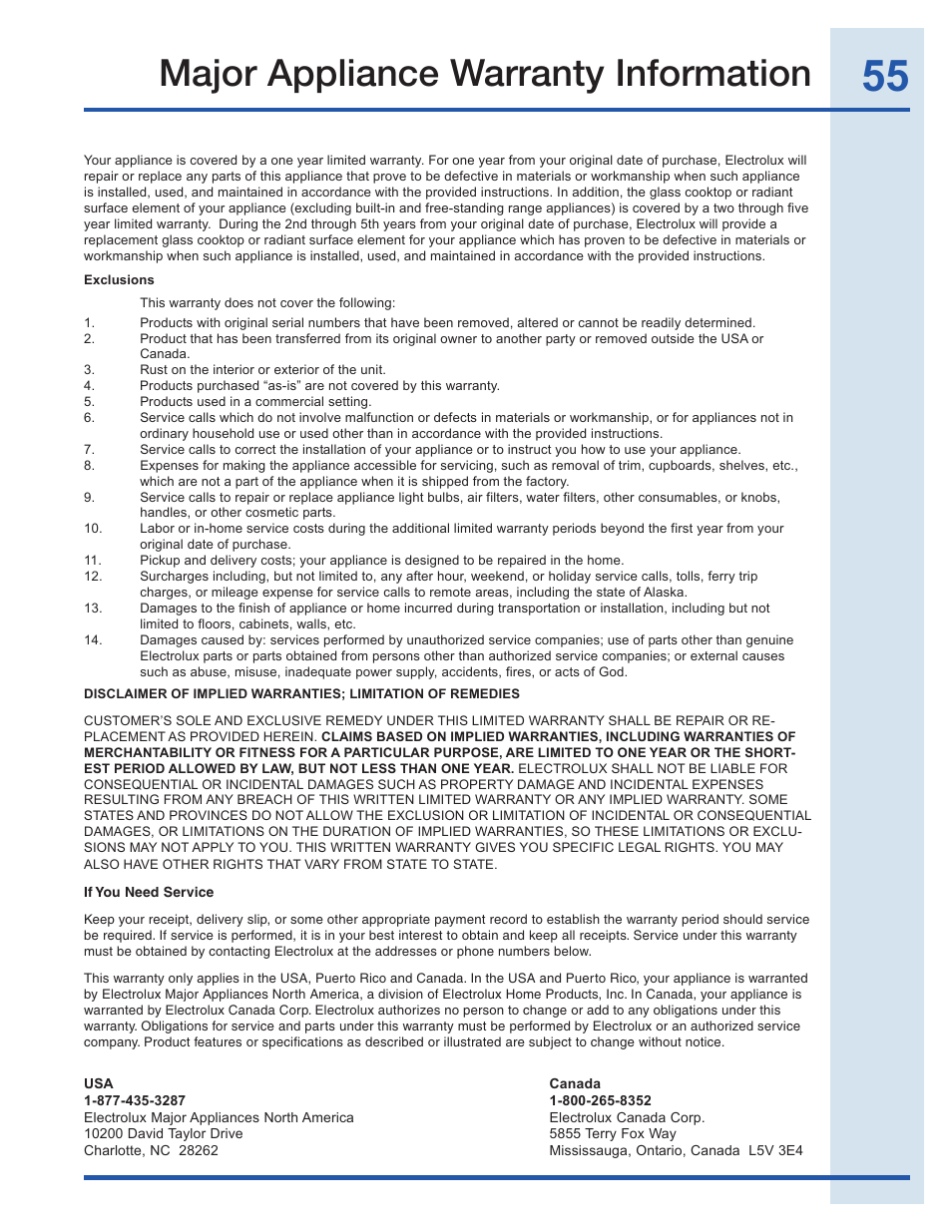 Major appliance warranty information | Electrolux EI30EF35JS User Manual | Page 55 / 56