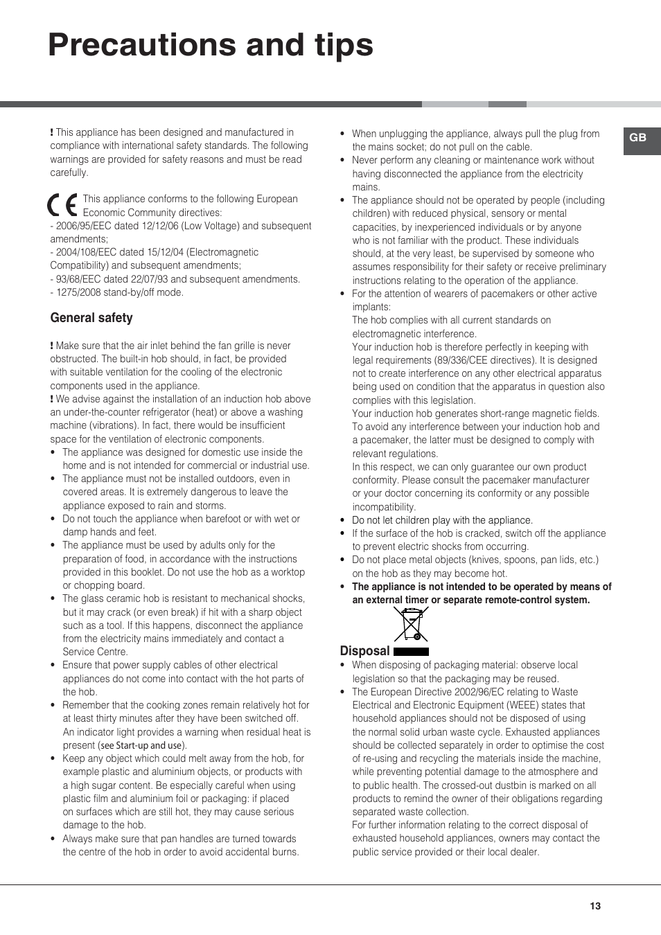 Precautions and tips | Hotpoint Ariston KIC 740 B IT User Manual | Page 13 / 80