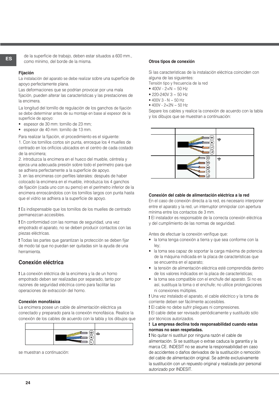 Conexión eléctrica | Hotpoint Ariston KIC 740 B IT User Manual | Page 24 / 80
