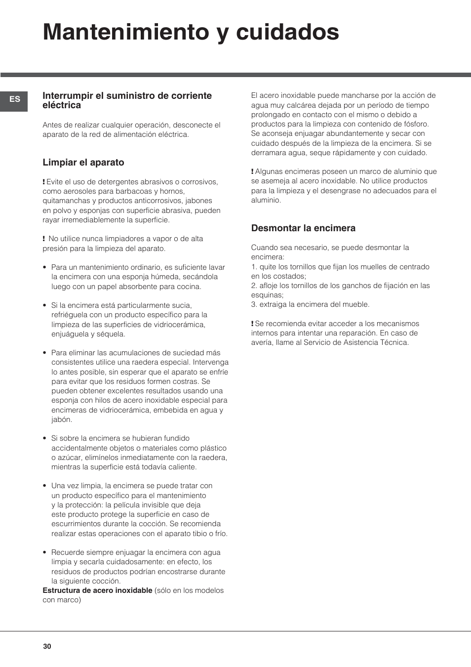 Mantenimiento y cuidados | Hotpoint Ariston KIC 740 B IT User Manual | Page 30 / 80