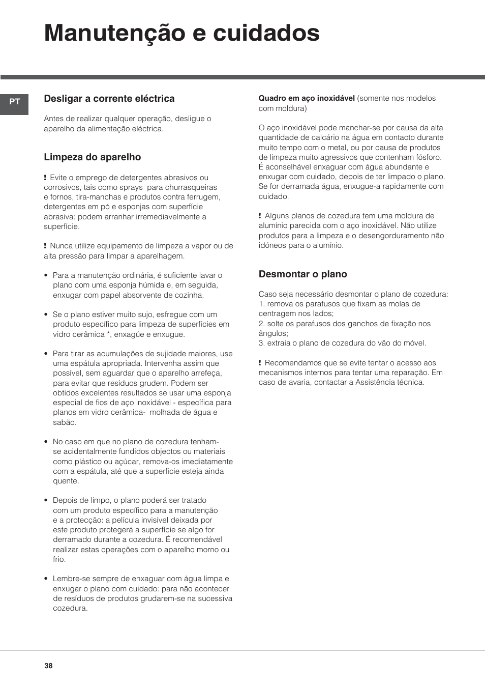 Manutenção e cuidados | Hotpoint Ariston KIC 740 B IT User Manual | Page 38 / 80