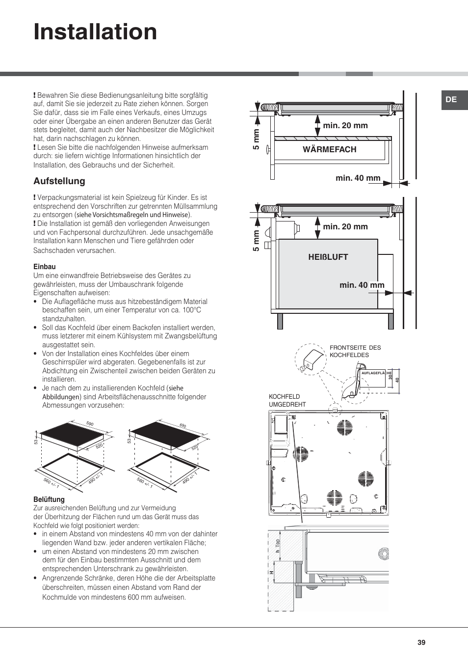 Bez nazwy-6, Installation, Aufstellung | Hotpoint Ariston KIC 740 B IT User Manual | Page 39 / 80