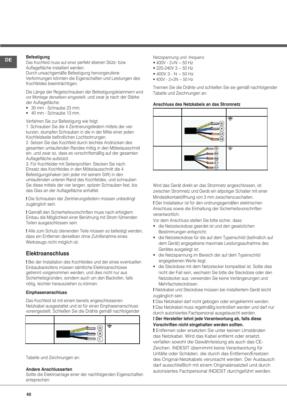 Elektroanschluss | Hotpoint Ariston KIC 740 B IT User Manual | Page 40 / 80