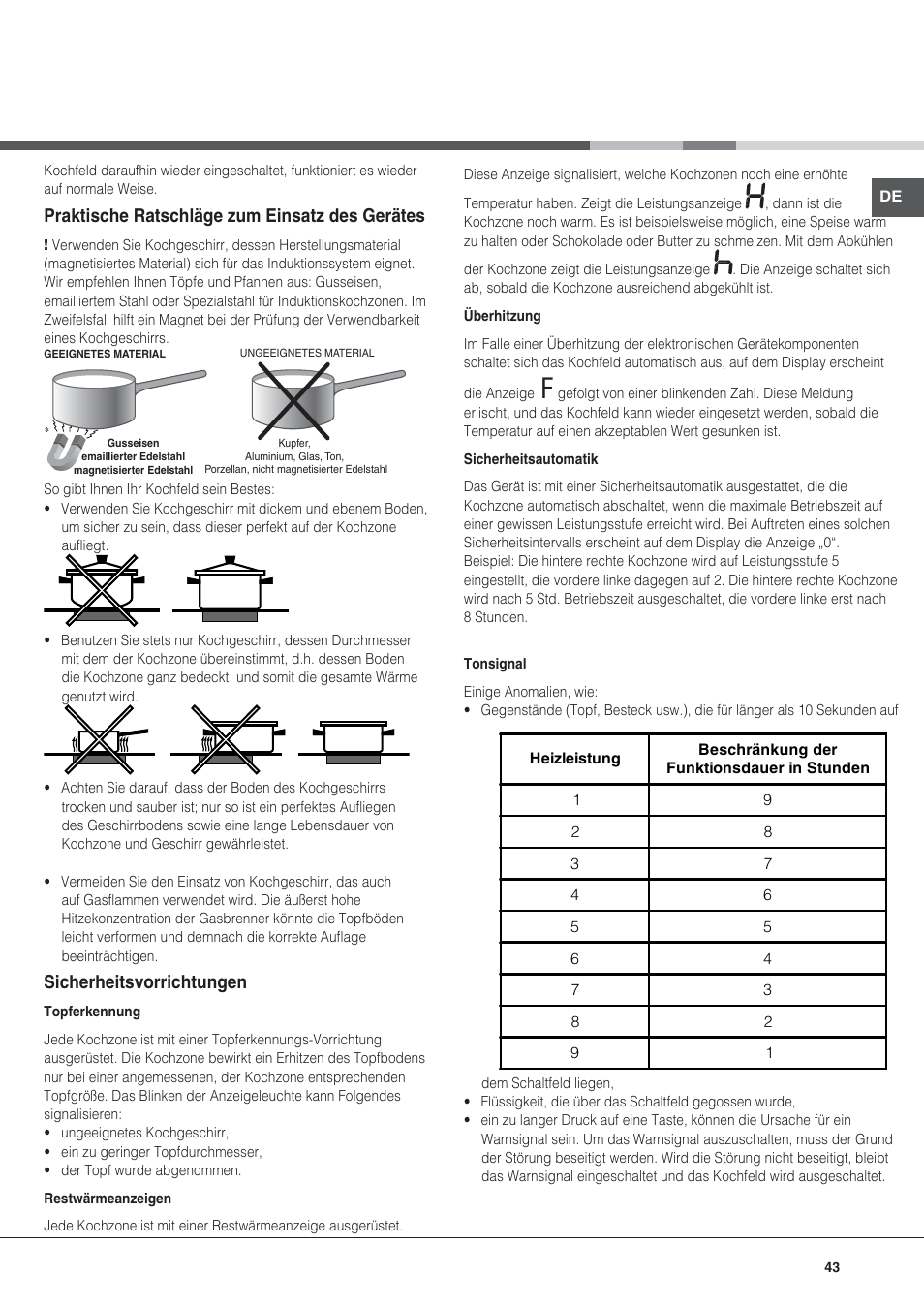 Praktische ratschläge zum einsatz des gerätes, Sicherheitsvorrichtungen | Hotpoint Ariston KIC 740 B IT User Manual | Page 43 / 80