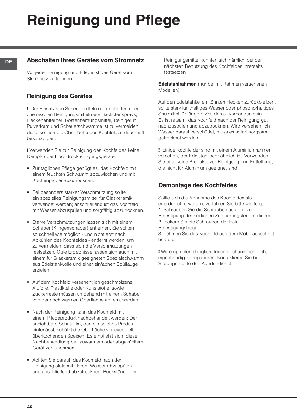 Reinigung und pflege | Hotpoint Ariston KIC 740 B IT User Manual | Page 46 / 80