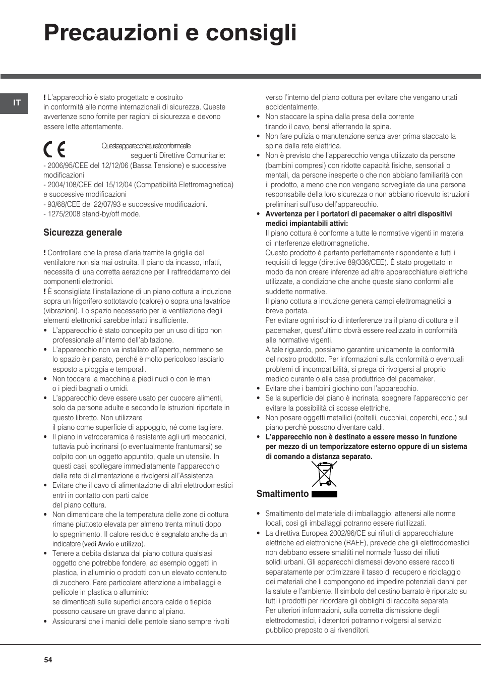 Precauzioni e consigli | Hotpoint Ariston KIC 740 B IT User Manual | Page 54 / 80