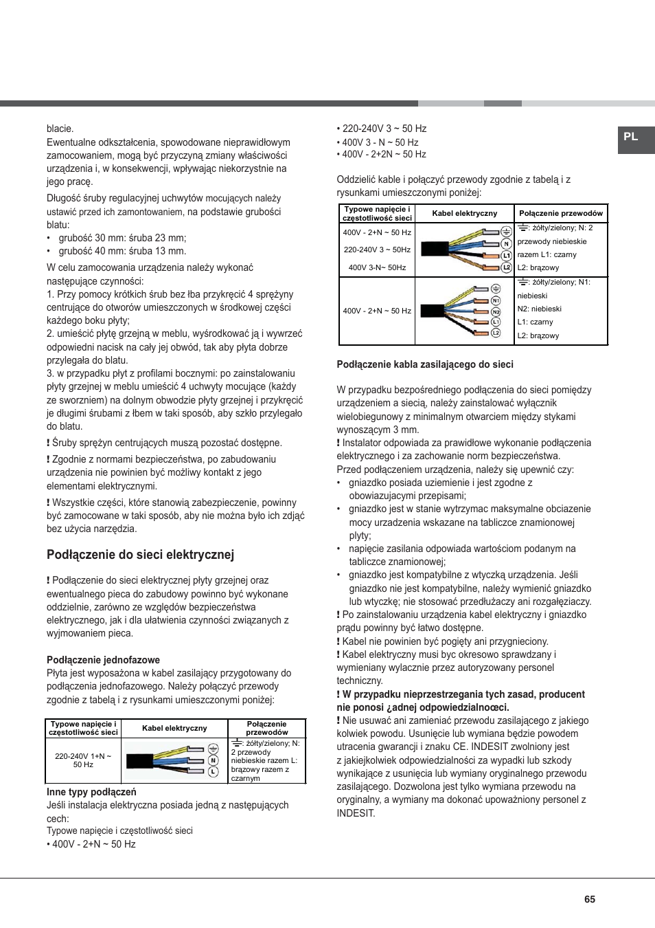 Podłączenie do sieci elektrycznej | Hotpoint Ariston KIC 740 B IT User Manual | Page 65 / 80