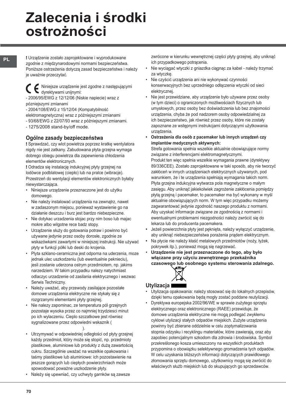 Zalecenia i środki ostrożności | Hotpoint Ariston KIC 740 B IT User Manual | Page 70 / 80
