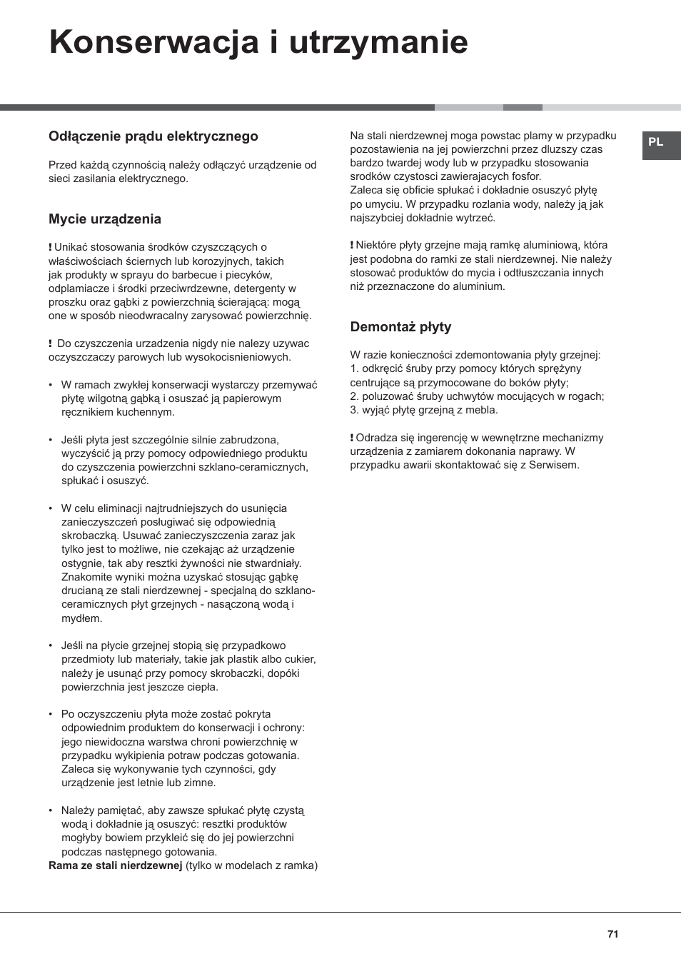 Konserwacja i utrzymanie | Hotpoint Ariston KIC 740 B IT User Manual | Page 71 / 80