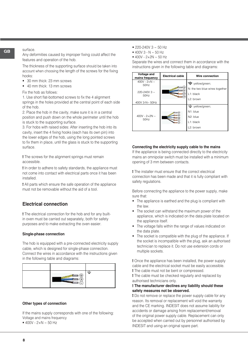 Electrical connection | Hotpoint Ariston KIC 740 B IT User Manual | Page 8 / 80