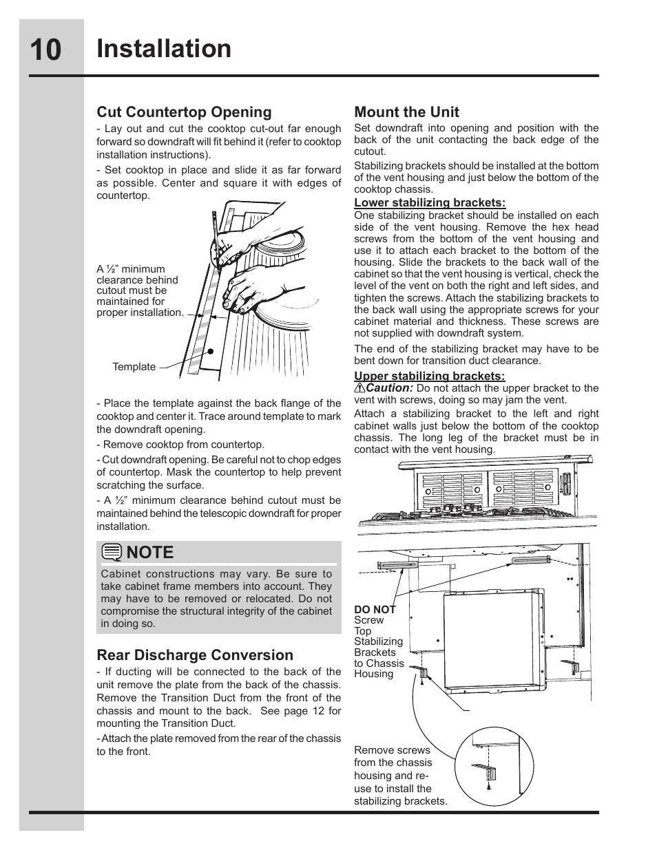 Installation, Cut countertop opening, Rear discharge conversion | Mount the unit | Electrolux EI30DD10KS User Manual | Page 10 / 18