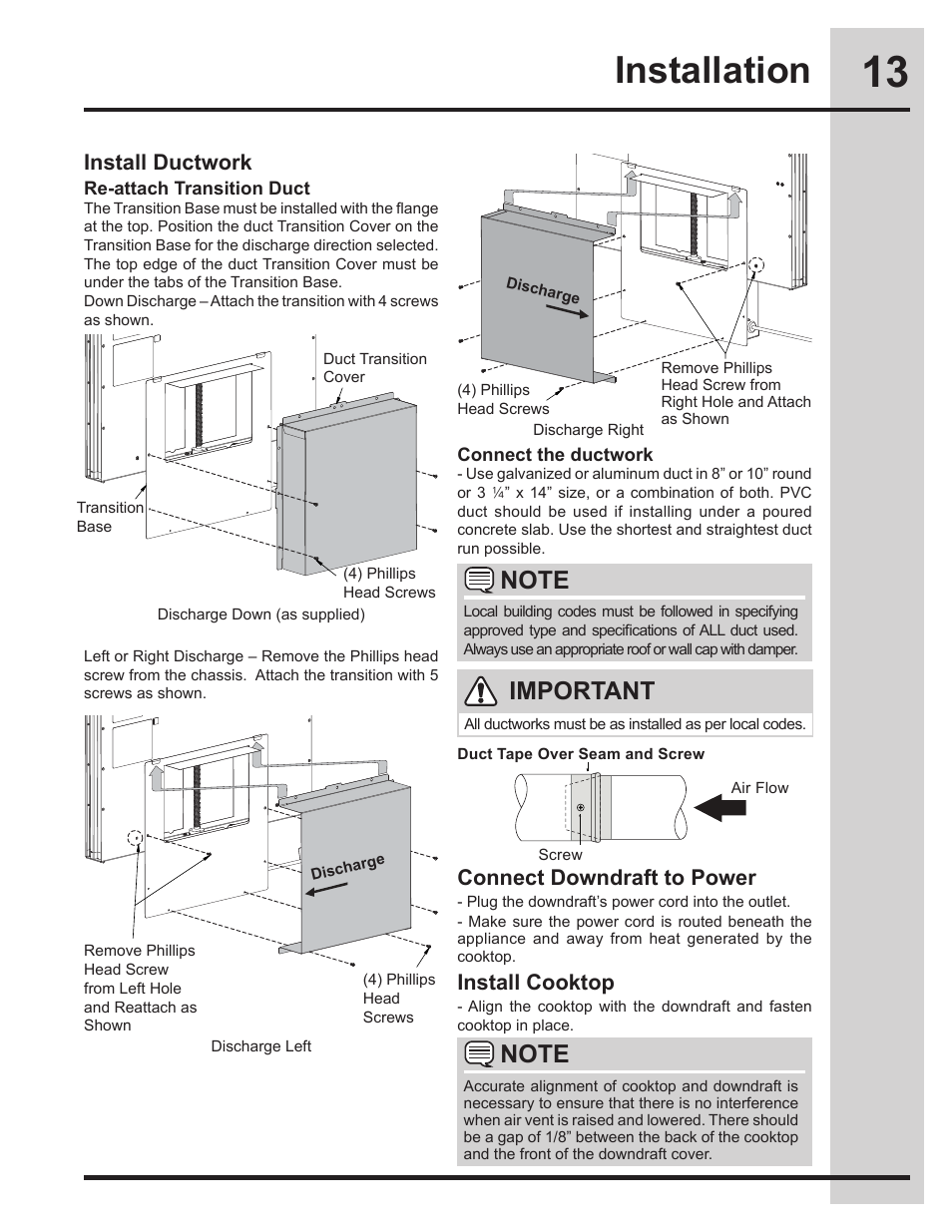 Installation, Important, Install ductwork install cooktop | Connect downdraft to power | Electrolux EI30DD10KS User Manual | Page 13 / 18