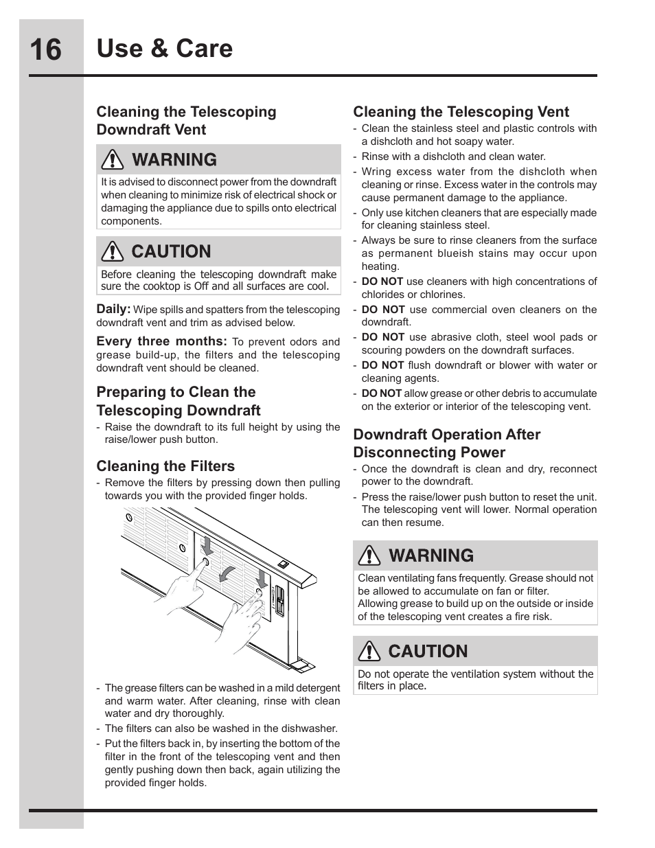 Use & care, Preparing to clean the telescoping downdraft, Downdraft operation after disconnecting power | Cleaning the filters | Electrolux EI30DD10KS User Manual | Page 16 / 18