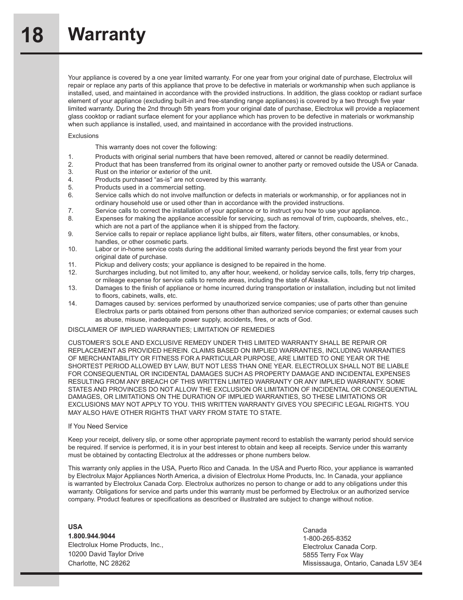 Warranty | Electrolux EI30DD10KS User Manual | Page 18 / 18