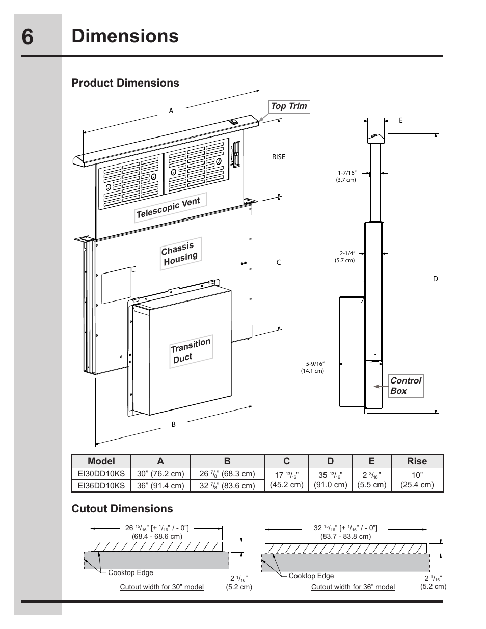 Dimensions, Cutout dimensions product dimensions | Electrolux EI30DD10KS User Manual | Page 6 / 18