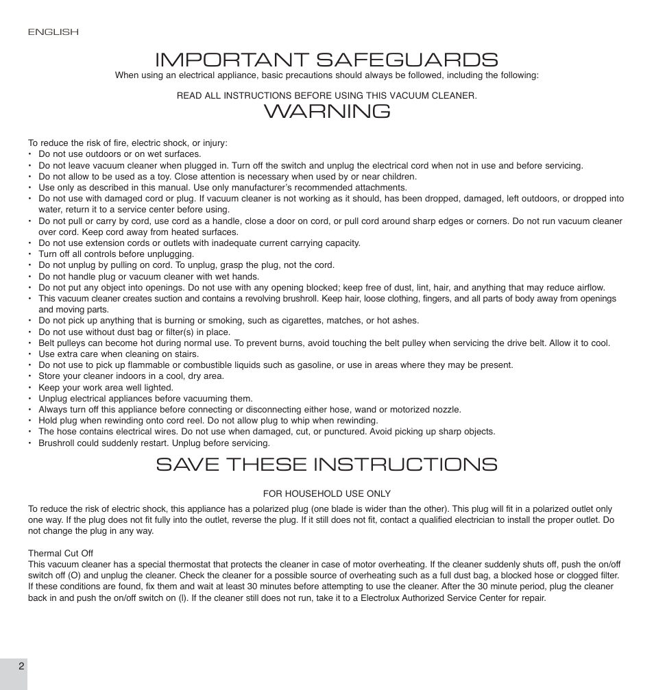 Important safeguards, Warning, Save these instructions | Electrolux EL7066A User Manual | Page 2 / 16