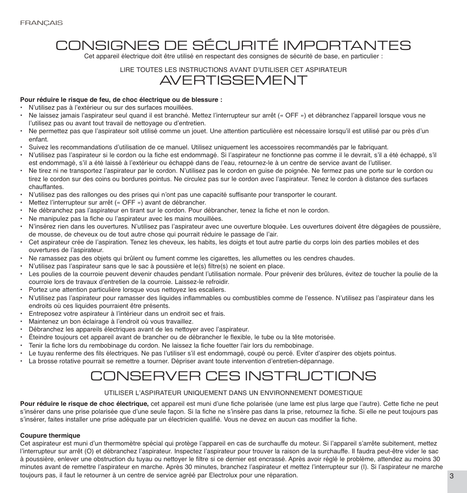 Consignes de sécurité importantes, Avertissement, Conserver ces instructions | Electrolux EL7066A User Manual | Page 3 / 16