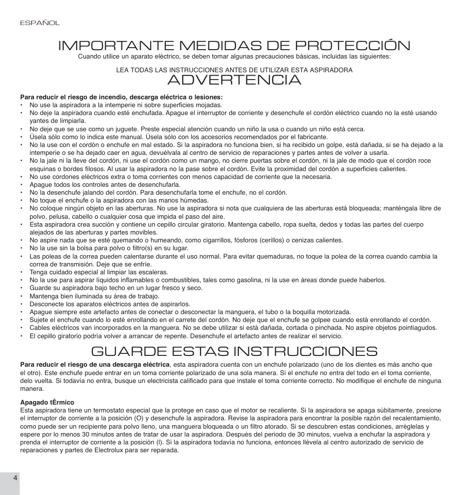 Advertencia, Importante medidas de protección, Guarde estas instrucciones | Electrolux EL7066A User Manual | Page 4 / 16