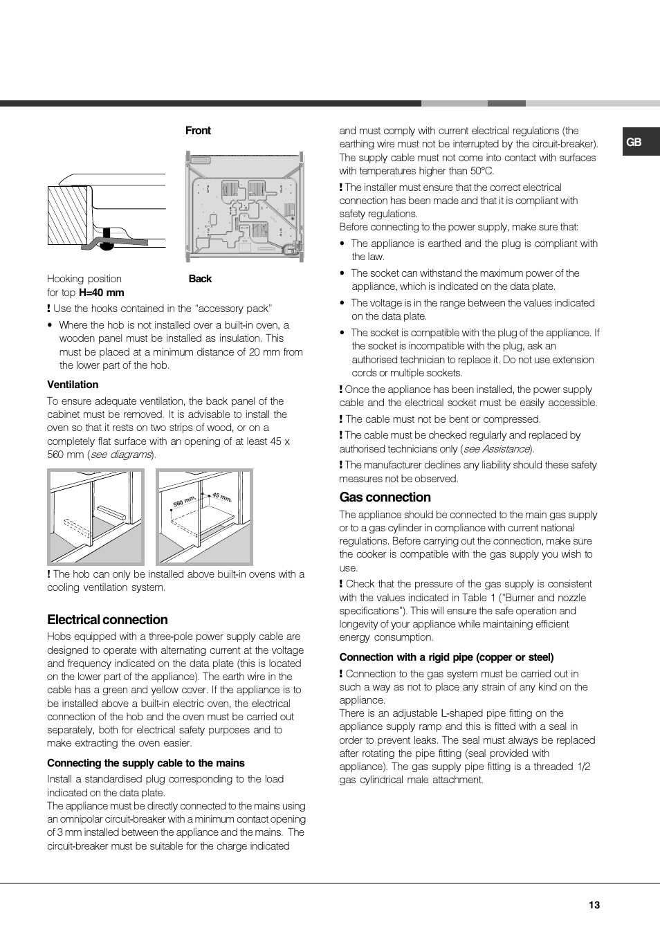 Electrical connection, Gas connection | Hotpoint Ariston PKQ 644 D GH (K)-HA User Manual | Page 13 / 80