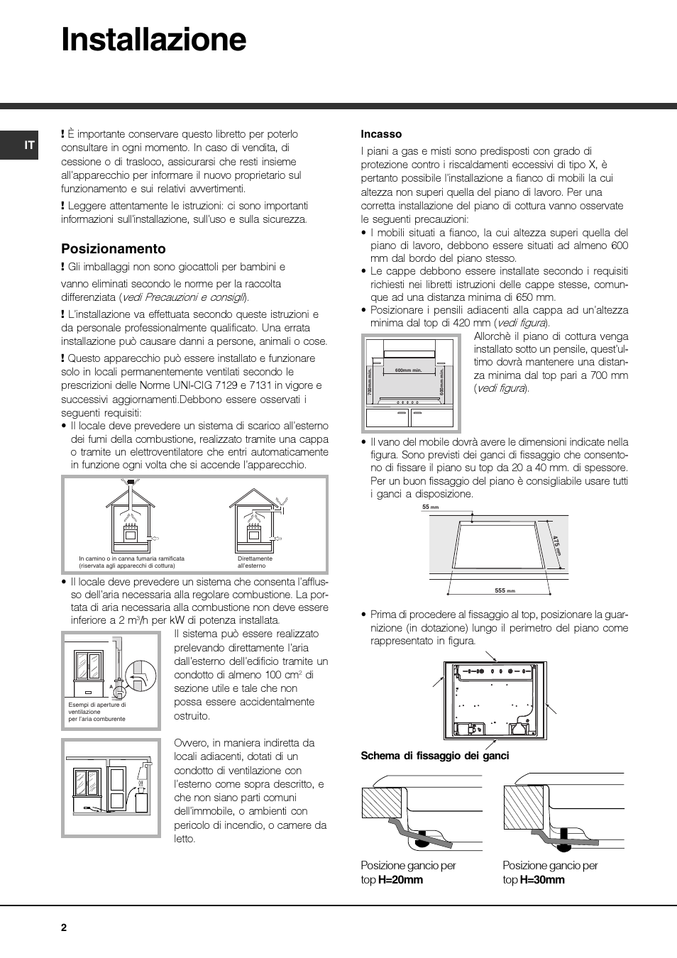 Installazione, Posizionamento | Hotpoint Ariston PKQ 644 D GH (K)-HA User Manual | Page 2 / 80