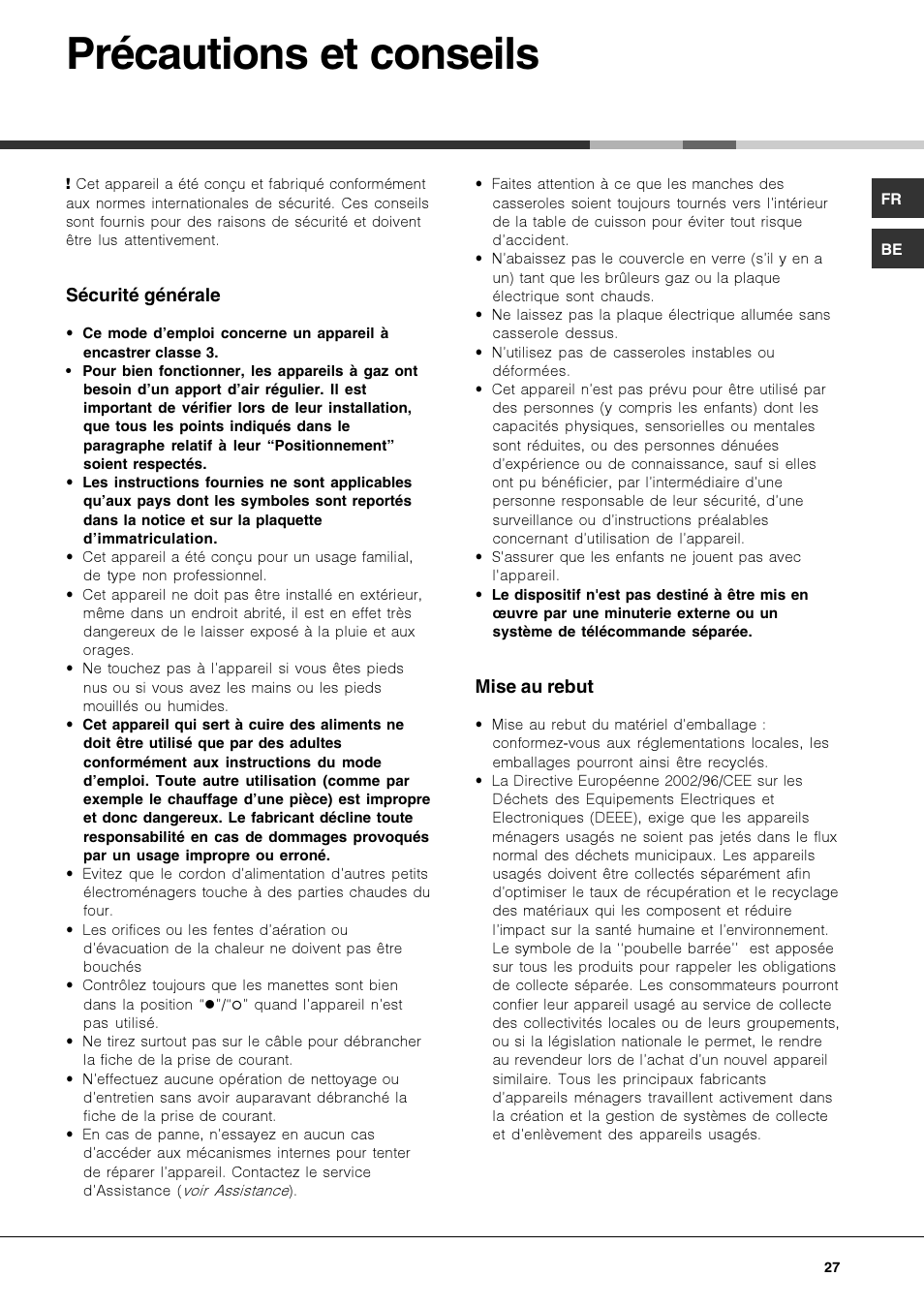 Précautions et conseils | Hotpoint Ariston PKQ 644 D GH (K)-HA User Manual | Page 27 / 80